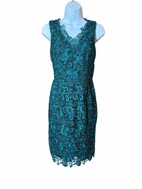 Aidan Mattox Teal Lace V-Neck Midi Sheath Dress